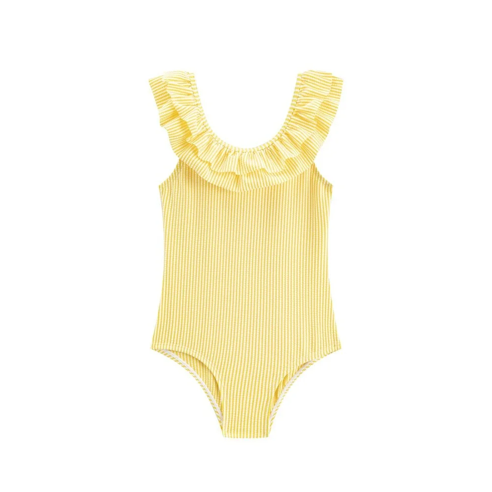 LIZENS Girls' Yellow One Piece Swimwear Stripe Ruffle Striped Swimsuit Kids 4-5T